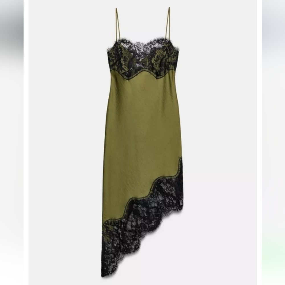 Zara Zw Collection Asymmetric Trendy Green and Black Lace Dress - Picture 4 of 16